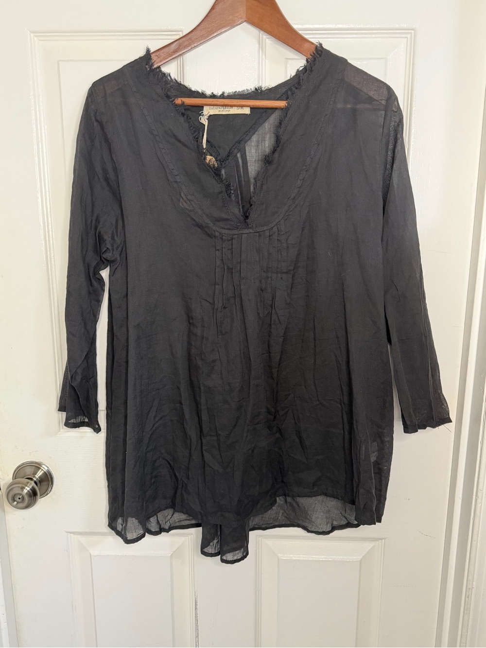 Natural Life Woven Cotton Tunic Blouse V-Neck 3/4 Sleeve Fringe Gray S/M
